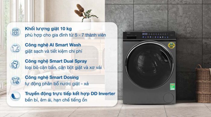 Máy giặt Aqua AQD-DDW1000J.BK Inverter 10kg - Ảnh 2