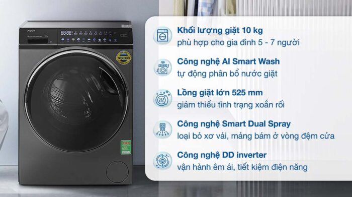 Máy giặt Aqua AQD-DW1000J.BK Inverter 10kg - Ảnh 2