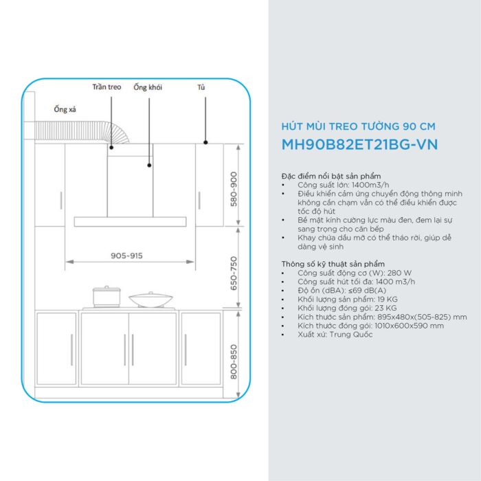 Máy hút mùi MIDEA MH90B82ET21BG-VN 90cm chữ T - Ảnh 3