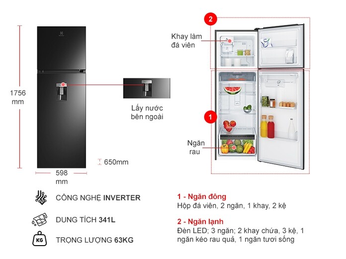 Tủ lạnh Electrolux Inverter 341 lít ETB3760M-H Giá Rẻ, Chính Hãng | Nguyễn Kim