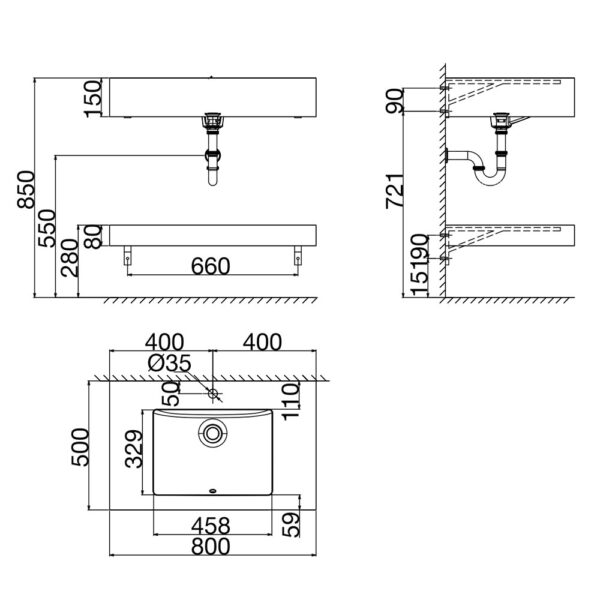 Bản vẽ kĩ thuật Bộ bàn đá lavabo VIGLACERA PHL-9S01P 2 tầng