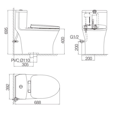 Bản vẽ kĩ thuật Bồn cầu 1 khối VIGLACERA V803 nắp êm