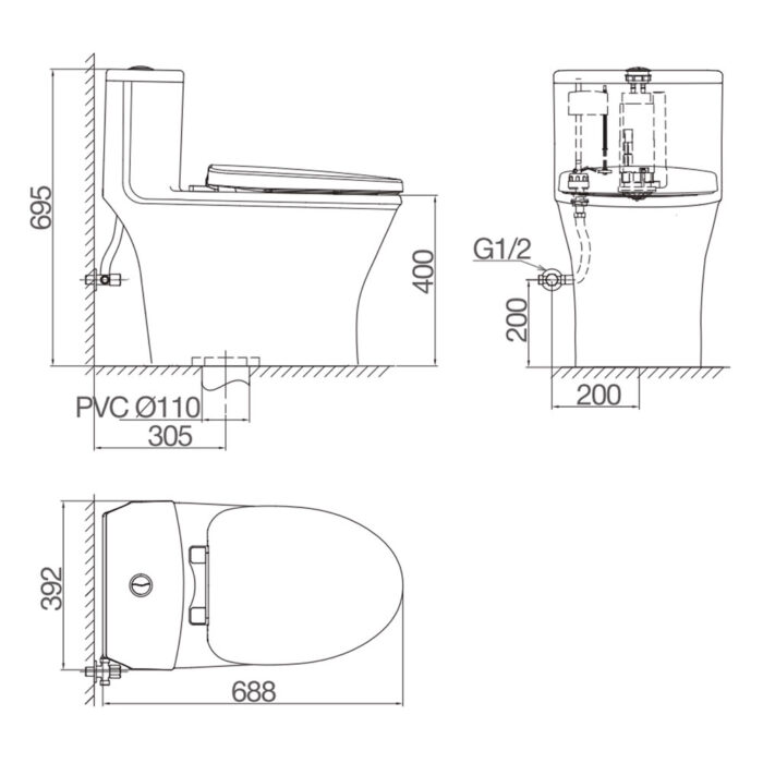 Bản vẽ kĩ thuật Bồn cầu 1 khối VIGLACERA V803 nắp êm