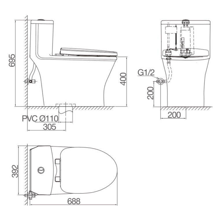Bản vẽ kĩ thuật Bồn cầu 1 khối VIGLACERA V803 nắp êm