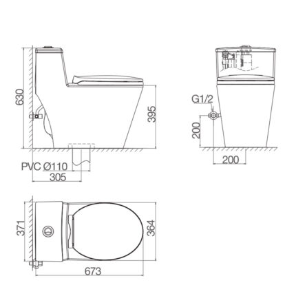 Bản vẽ kĩ thuật Bồn cầu 1 khối VIGLACERA V823 nắp êm