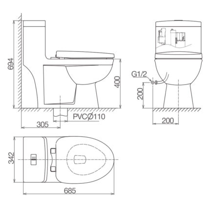 Bản vẽ kĩ thuật Bồn cầu 1 khối VIGLACERA V825 nắp êm