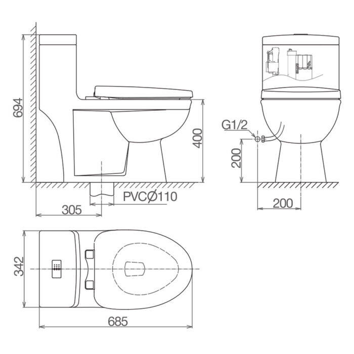 Bản vẽ kĩ thuật Bồn cầu 1 khối VIGLACERA V825 nắp êm