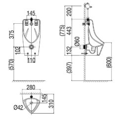 Bản vẽ kĩ thuật Bồn tiểu nam VIGLACERA T2 treo tường