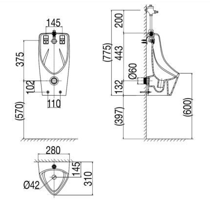 Bản vẽ kĩ thuật Bồn tiểu nam VIGLACERA T2 treo tường