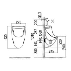 Bản vẽ kĩ thuật Bồn tiểu nam VIGLACERA TT3 treo tường