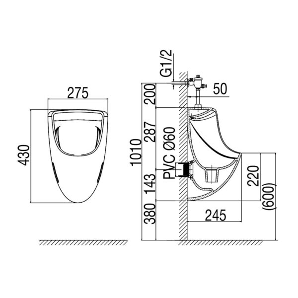 Bản vẽ kĩ thuật Bồn tiểu nam VIGLACERA TT3 treo tường