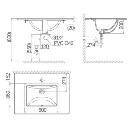 Bản vẽ kĩ thuật chậu lavabo VIGLACERA TS1 âm bàn