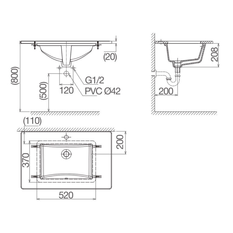 Bản vẽ kĩ thuật chậu lavabo VIGLACERA US2 âm bàn