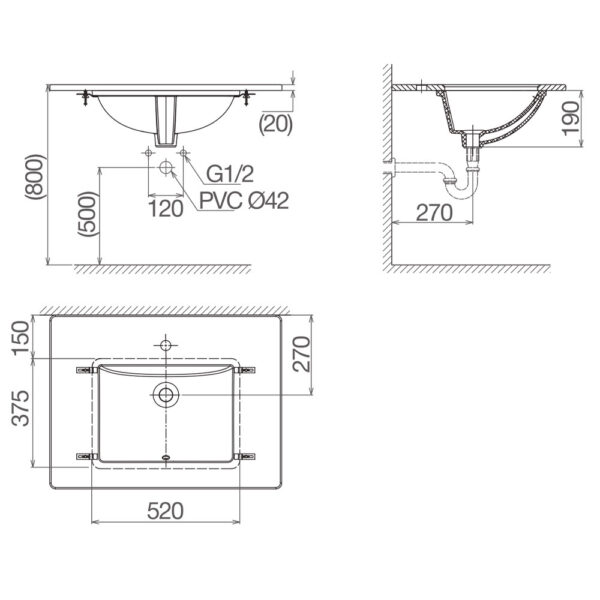 Bản vẽ kĩ thuật chậu lavabo VIGLACERA US3 âm bàn