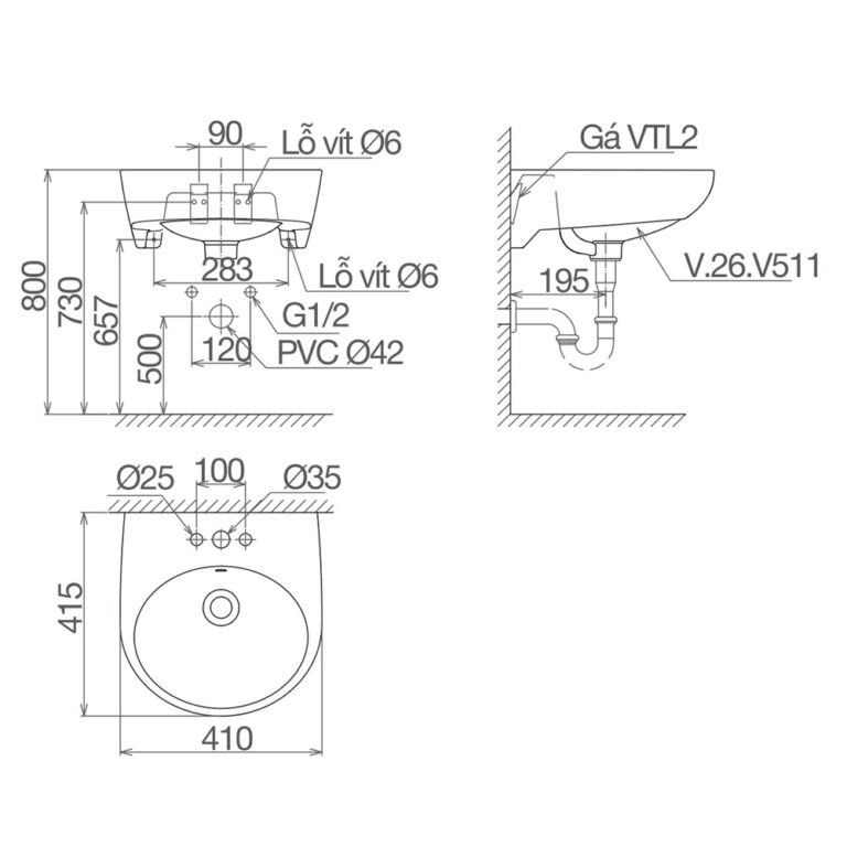 Bản vẽ kĩ thuật chậu lavabo VIGLACERA V511 treo tường