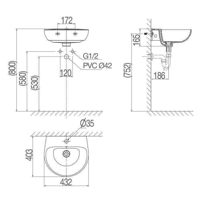 Bản vẽ kĩ thuật chậu lavabo VIGLACERA V523 treo tường