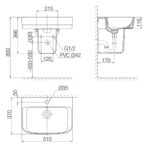 Bản vẽ kĩ thuật chậu lavabo VIGLACERA V59 kèm chân lửng treo tường