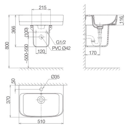 Bản vẽ kĩ thuật chậu lavabo VIGLACERA V59 kèm chân lửng treo tường