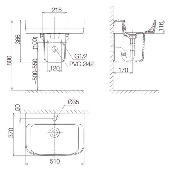 Bản vẽ kĩ thuật chậu lavabo VIGLACERA V59 kèm chân lửng treo tường