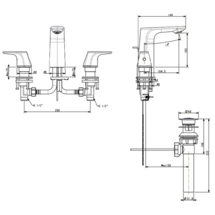 Bản vẽ kỹ thuật Vòi lavabo American Standard WF-1703CS nóng lạnh 3 lỗ