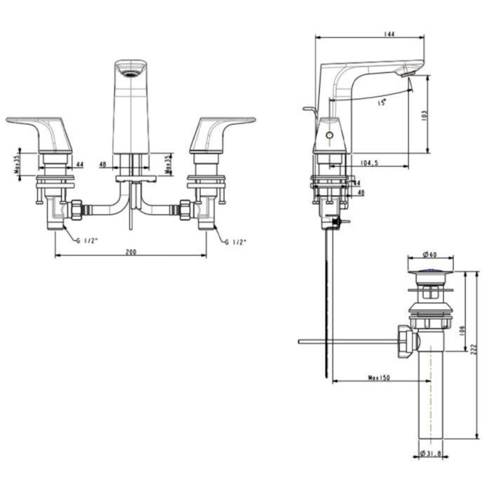 Bản vẽ kỹ thuật Vòi lavabo American Standard WF-1703CS nóng lạnh 3 lỗ