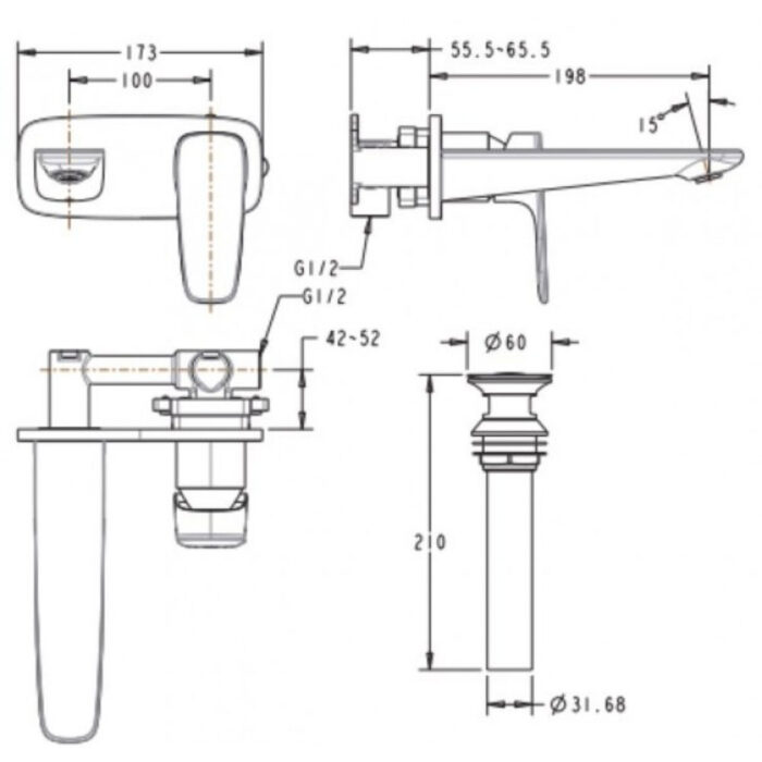 Vòi lavabo AMERICAN STANDARD WF-1704HG 2 lỗ âm tường nóng lạnh - Ảnh 2