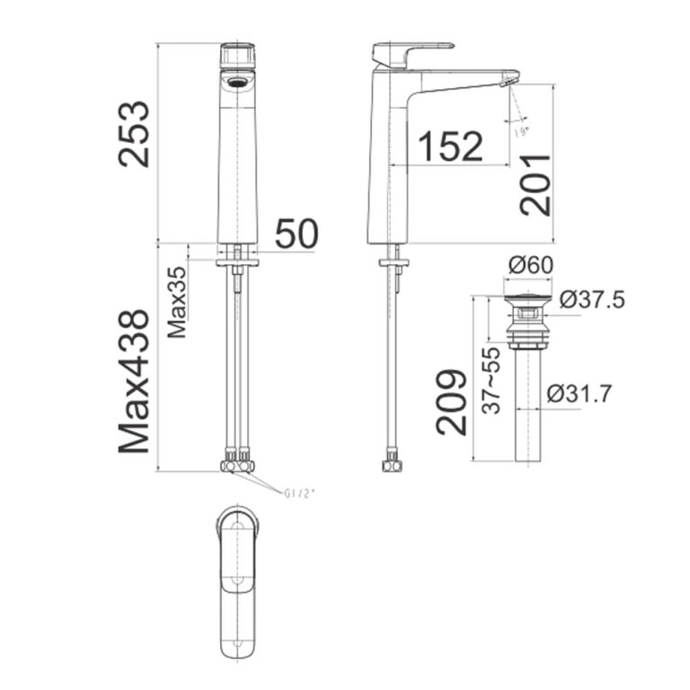 Bản vẽ kỹ thuật Vòi lavabo American Standard WF-1M02 Loven cổ cao nóng lạnh