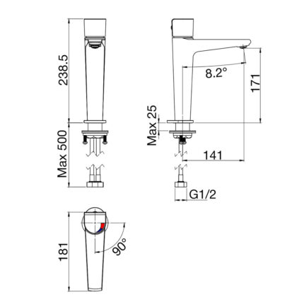 Bản vẽ kỹ thuật Vòi lavabo VIGLACERA VG136.1 cổ cao nóng lạnh