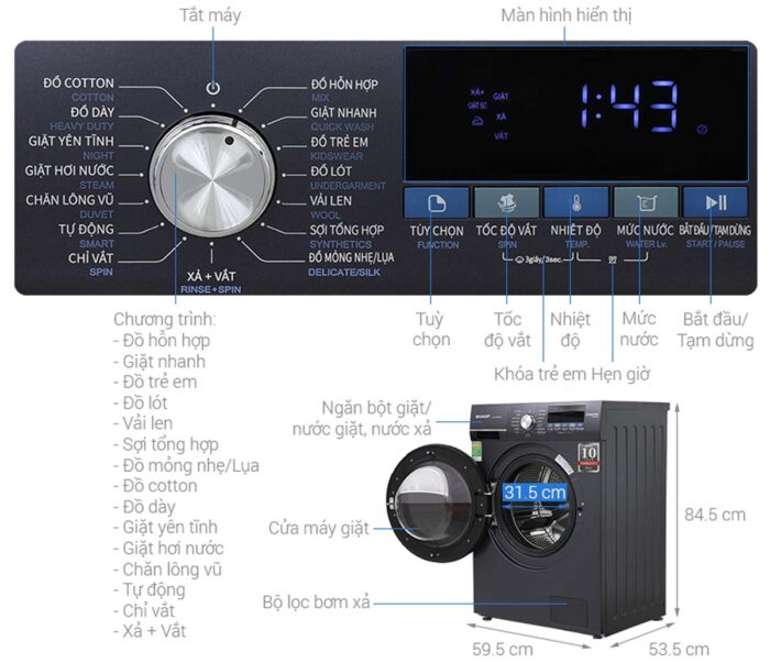 Máy giặt Sharp ES-FM90CB-DG 9kg Inverter - Ảnh 2