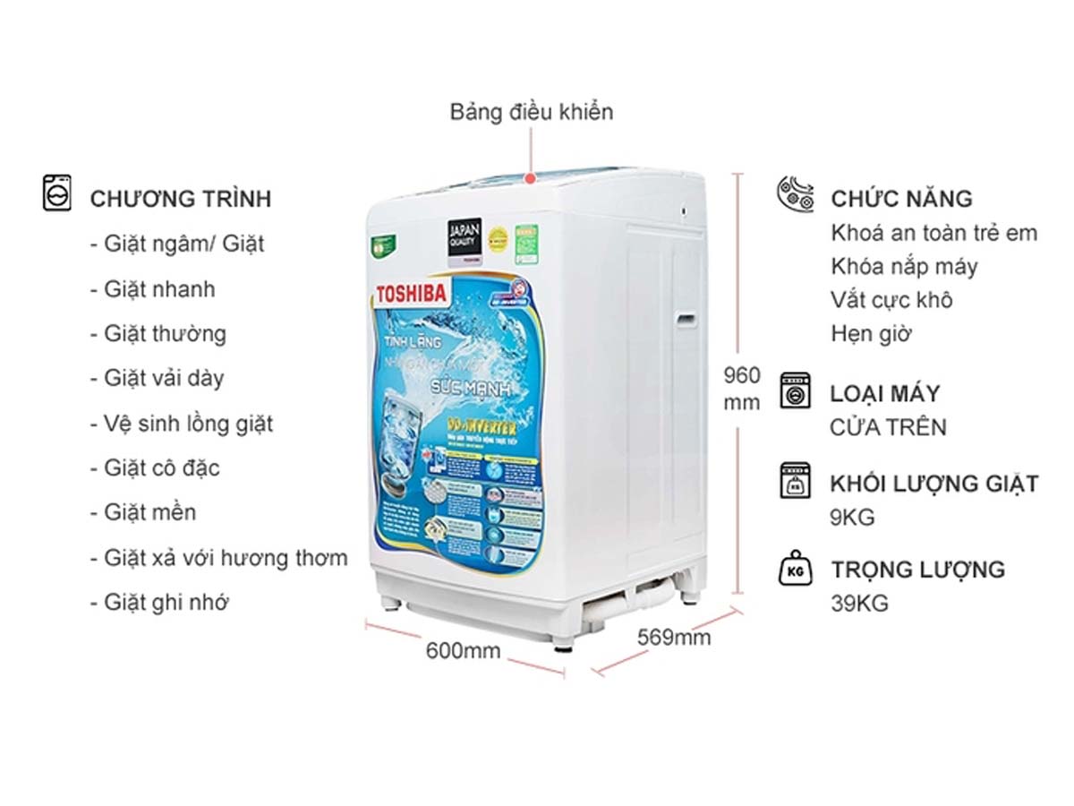 Máy giặt Toshiba AW-DC1000CV 9kg 5 thong so ky thuat May giat Toshiba AW DC1000CV 9 kg