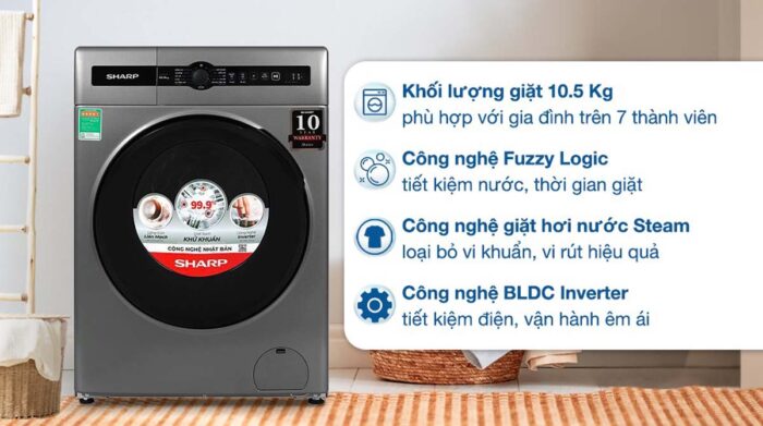 Máy giặt Sharp ES-FH105BV-B 10.5kg Inverter - Ảnh 2