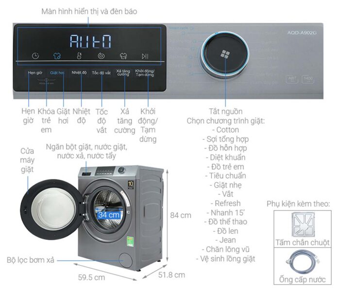 Máy giặt Aqua AQD-A902G 9 Kg Inverter - Ảnh 3