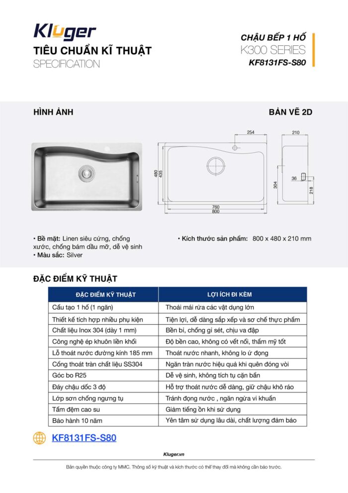 Chậu rửa bát inox KLUGER KF8131FS dòng K300 - Ảnh 3