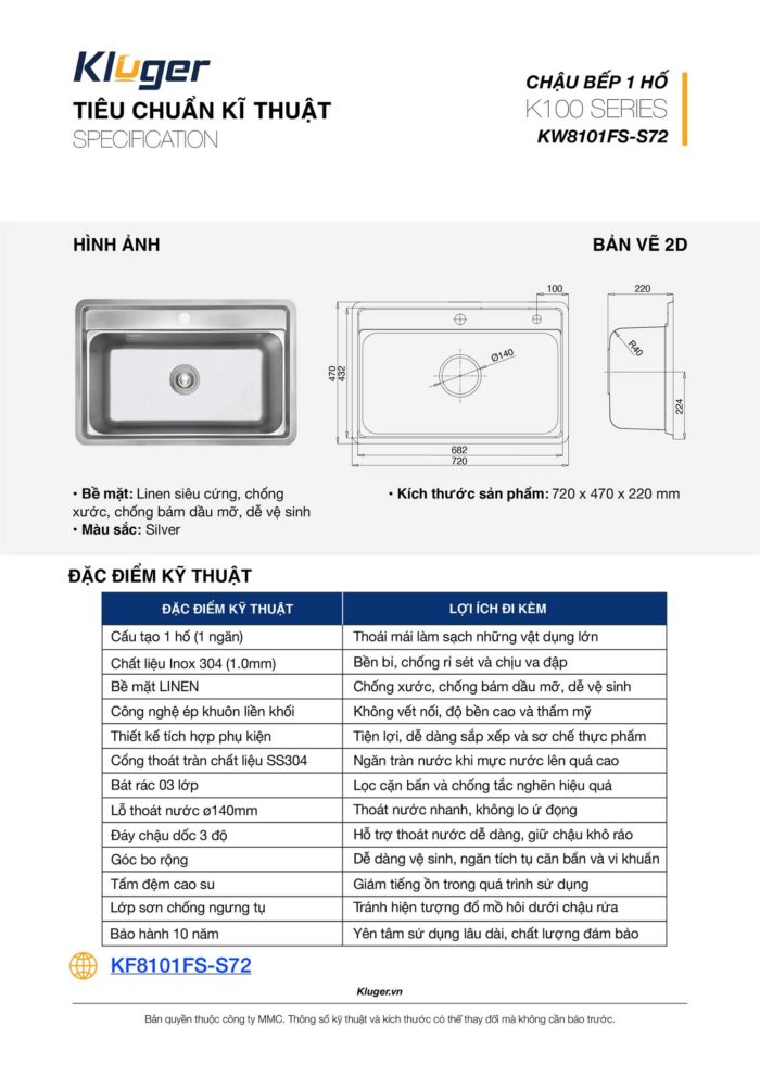 Chậu rửa bát inox KLUGER KW8101FS dòng K100 - Ảnh 3