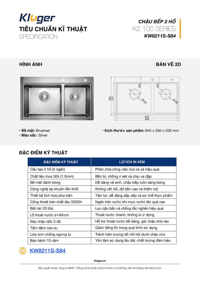 Chậu rửa bát inox KLUGER KW8211S dòng K2 100 - Ảnh 3