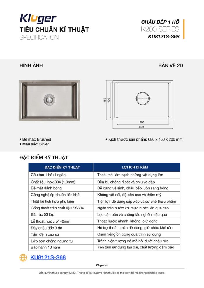 Chậu rửa bát inox KLUGER KU8121S dòng K200 - Ảnh 4