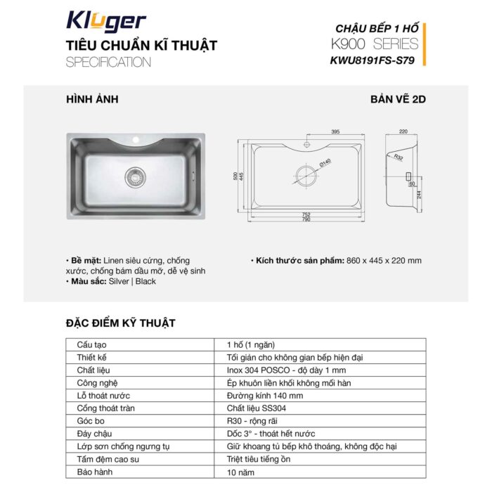 Chậu rửa bát inox KLUGER KW8191FS dòng K900 - Ảnh 2