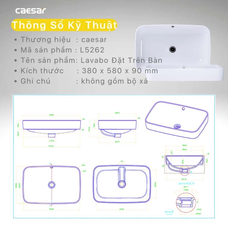 Chậu lavabo đặt bàn CAESAR L5262 - Ảnh 3