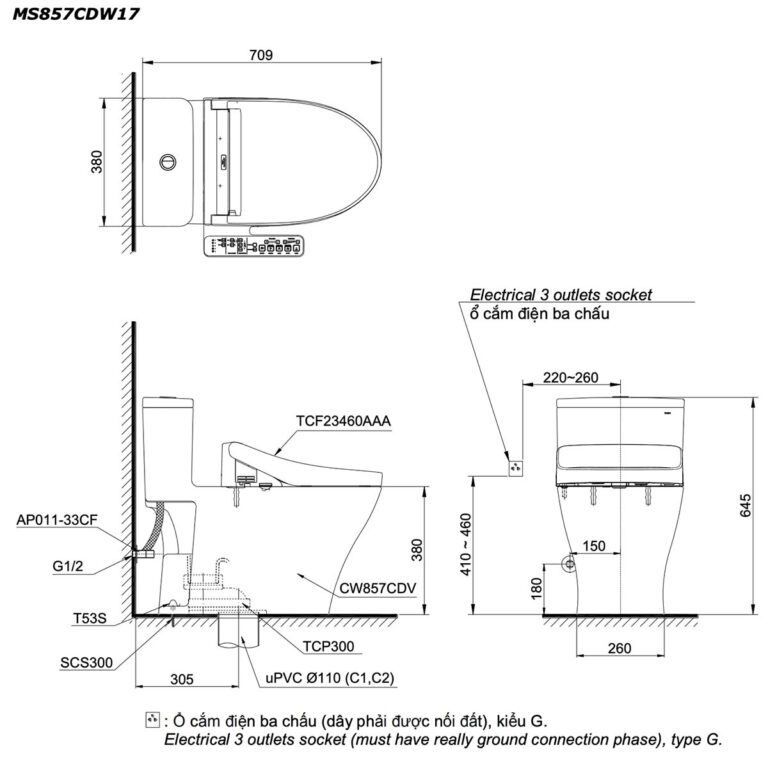 bản vẽ kích thước Bồn cầu thông minh TOTO MS857CDW17 nắp rửa điện tử TCF23460AAA