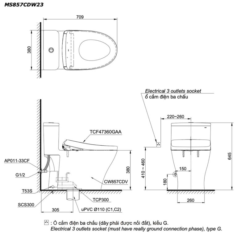 bản vẽ kích thước Bồn cầu thông minh TOTO MS857CDW23 nắp rửa điện tử TCF47360GAA