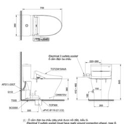 bản vẽ kích thước Bồn cầu thông minh TOTO MS857DW16 nắp rửa điện tử TCF23410AAA
