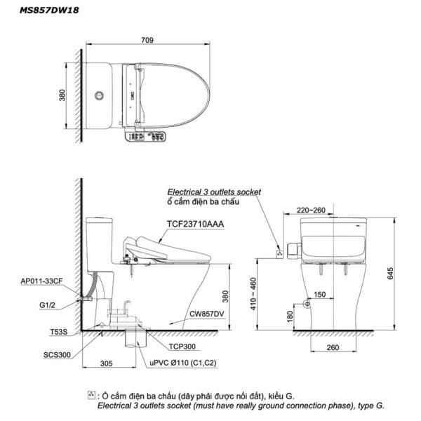 bản vẽ kích thước Bồn cầu thông minh TOTO MS857DW18 nắp rửa điện tử TCF23710AAA
