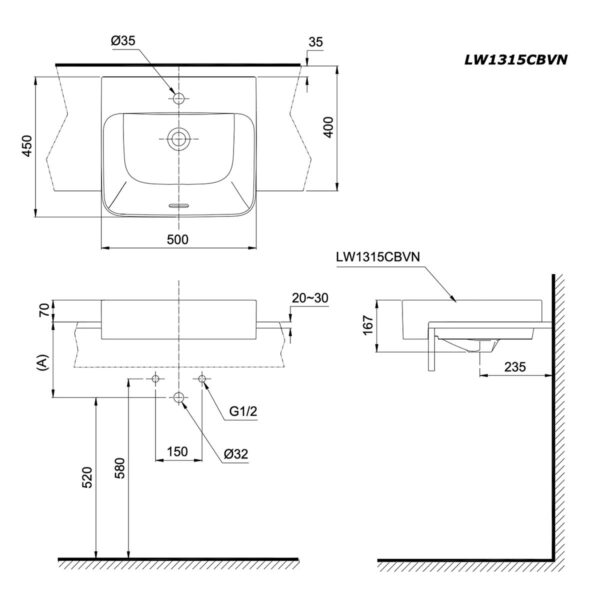 bản vẽ kích thước Chậu lavabo bán âm TOTO LW1315CBVN