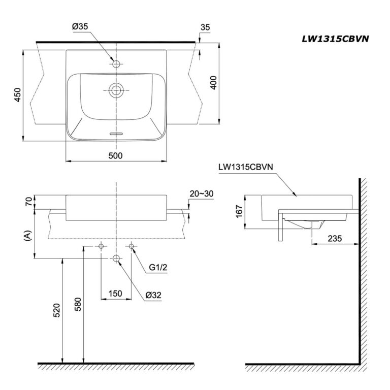 bản vẽ kích thước Chậu lavabo bán âm TOTO LW1315CBVN