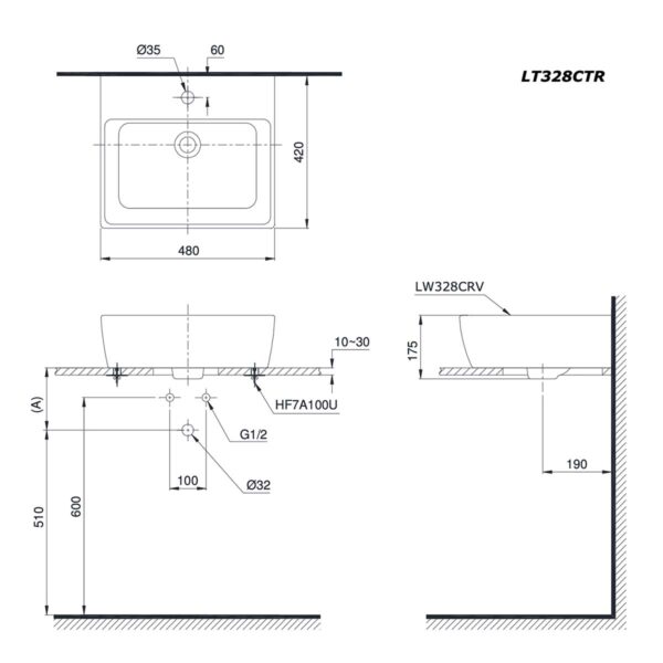 bản vẽ kích thước Chậu lavabo đặt bàn TOTO LT328CTR#XW
