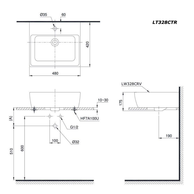 bản vẽ kích thước Chậu lavabo đặt bàn TOTO LT328CTR#XW