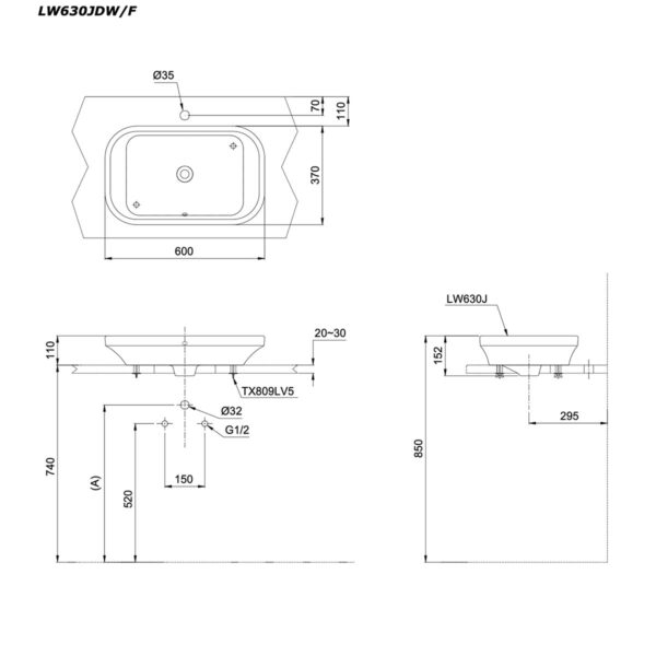 bản vẽ kích thước Chậu lavabo đặt bàn TOTO LW630JDW/F#MDR