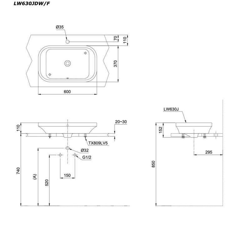 bản vẽ kích thước Chậu lavabo đặt bàn TOTO LW630JDW/F#SCR