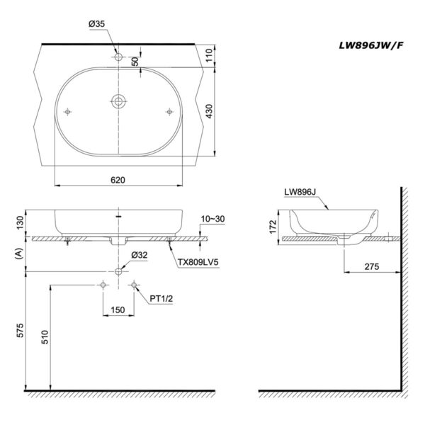 bản vẽ kích thước Chậu lavabo đặt bàn TOTO LW896JW/F#ASB
