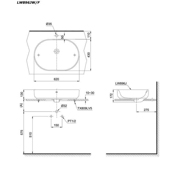 bản vẽ kích thước Chậu lavabo đặt bàn TOTO LW896JW/F#MDR